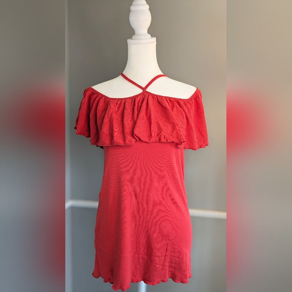 NWT Chaser Women's Size Medium Vintage Rib Cold Shoulder Ruffle Tank Top in Pink